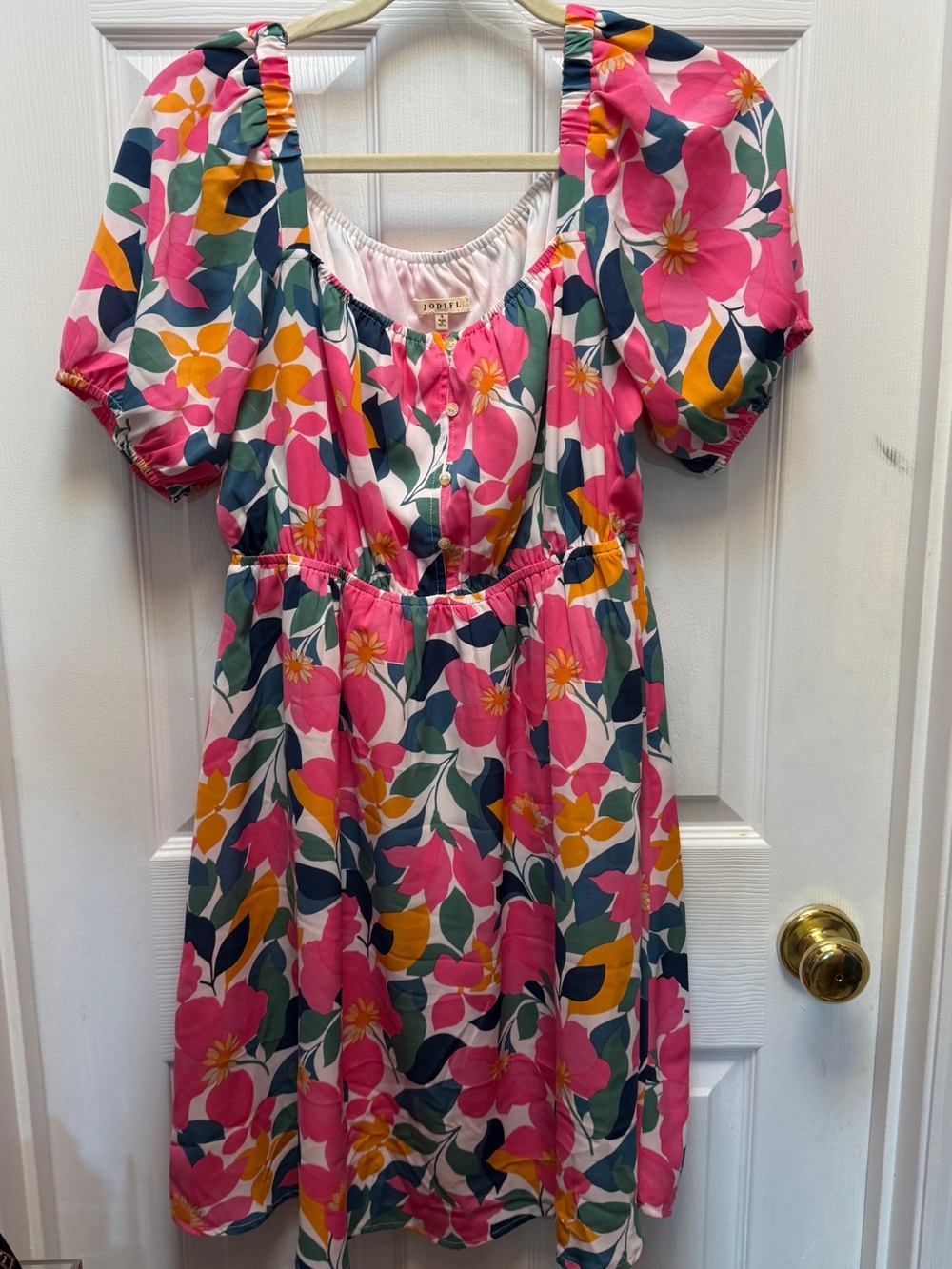 JODIFL Pink Floral Puff-Sleeve Casual Dress with yellow & Green Accents